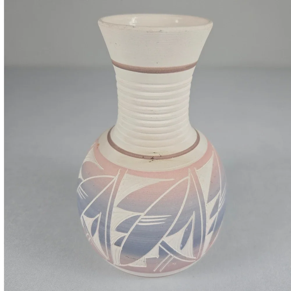 Vintage Mexican Pottery Southwest‎ Style Vase Blue & Pink Pastel on White Signed
